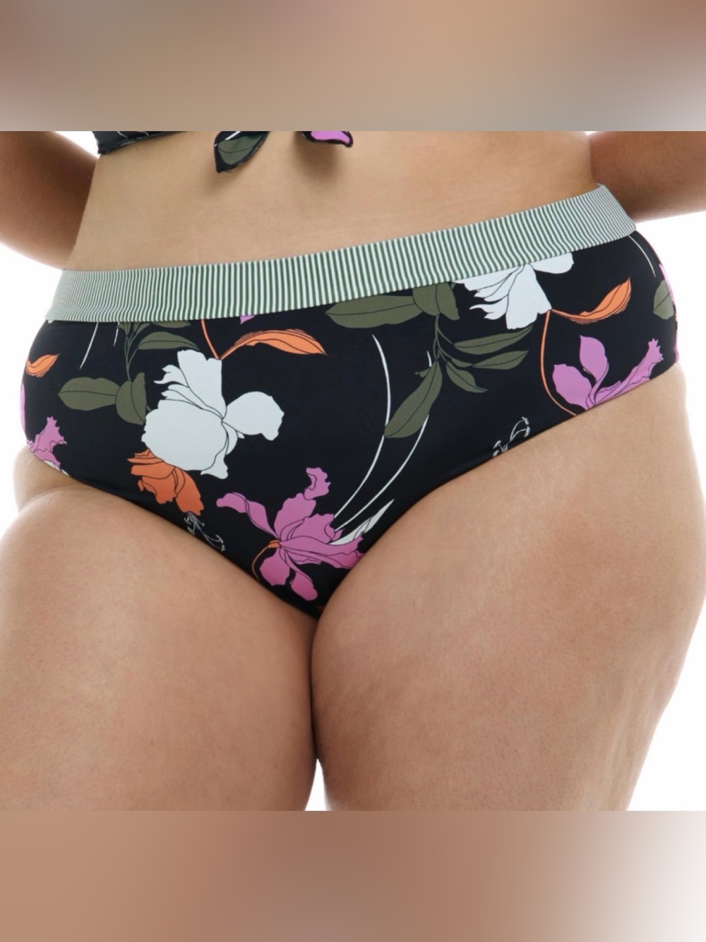 Floral High-Waist Bikini Bottom - Black with Pink & White Flowers